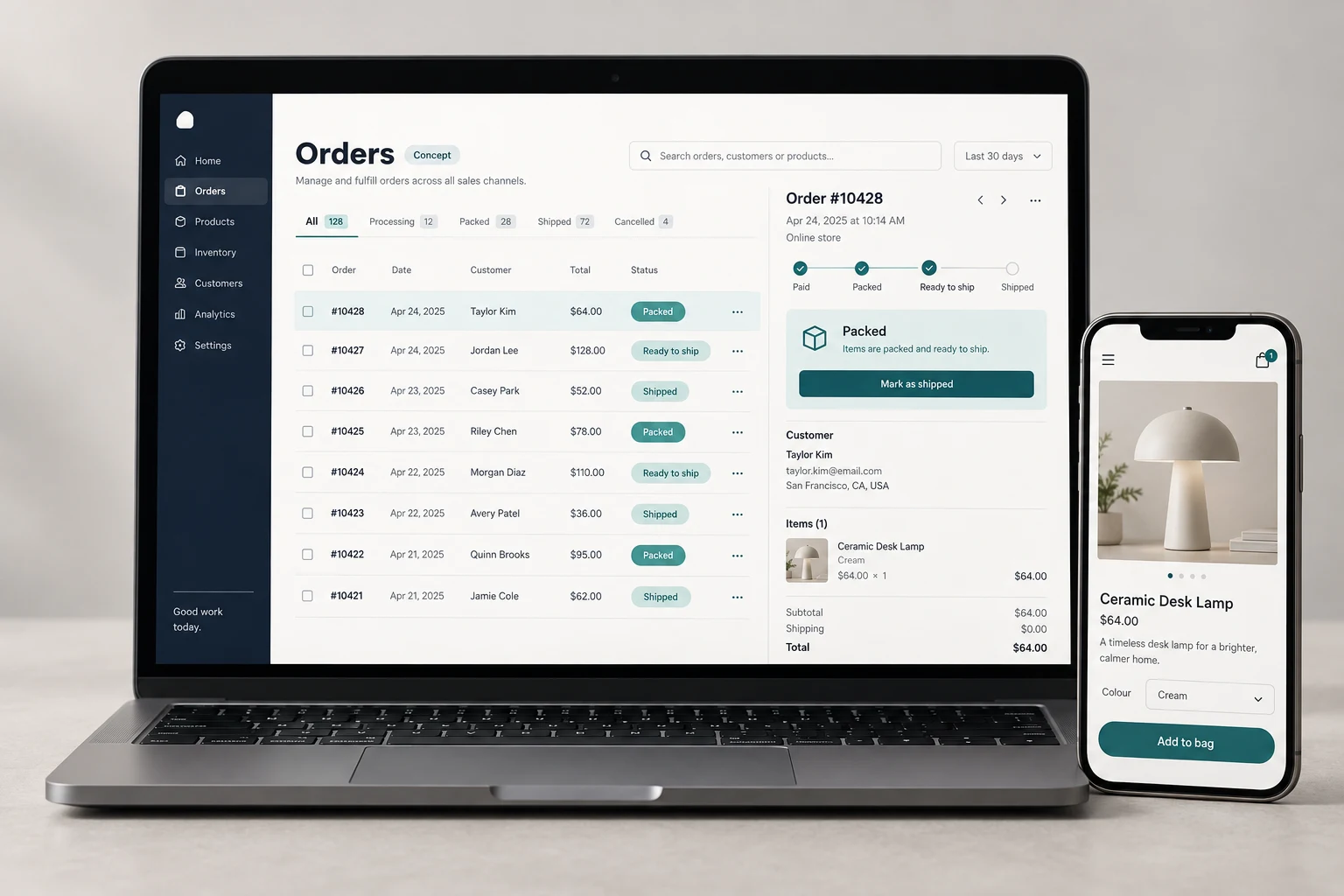 Concept commerce software on a laptop and phone, connecting order fulfillment with a mobile storefront.